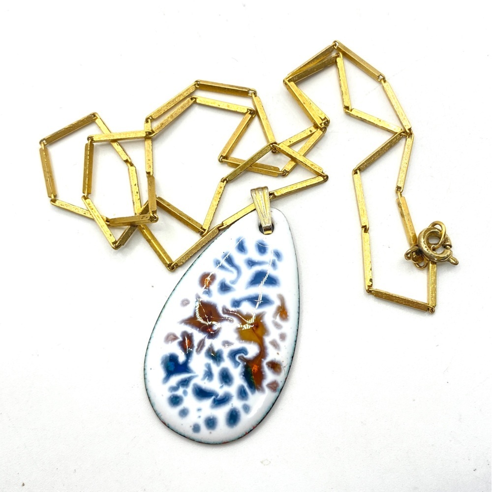 Vintage Germany Enameled Teardrop Pendant On Rolled Gold Chain
